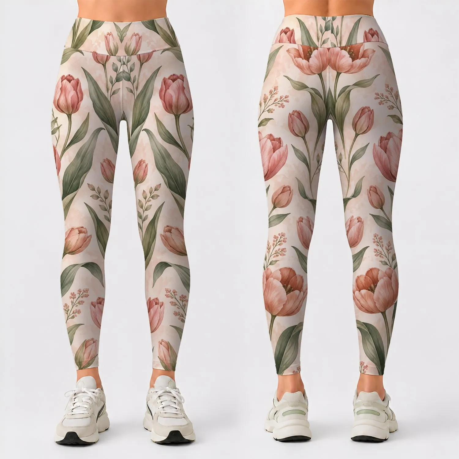 Dusty Rose Tulips and Sage Green Foliage for Yoga, Pilates, and Everyday Activewear Leggings - 1