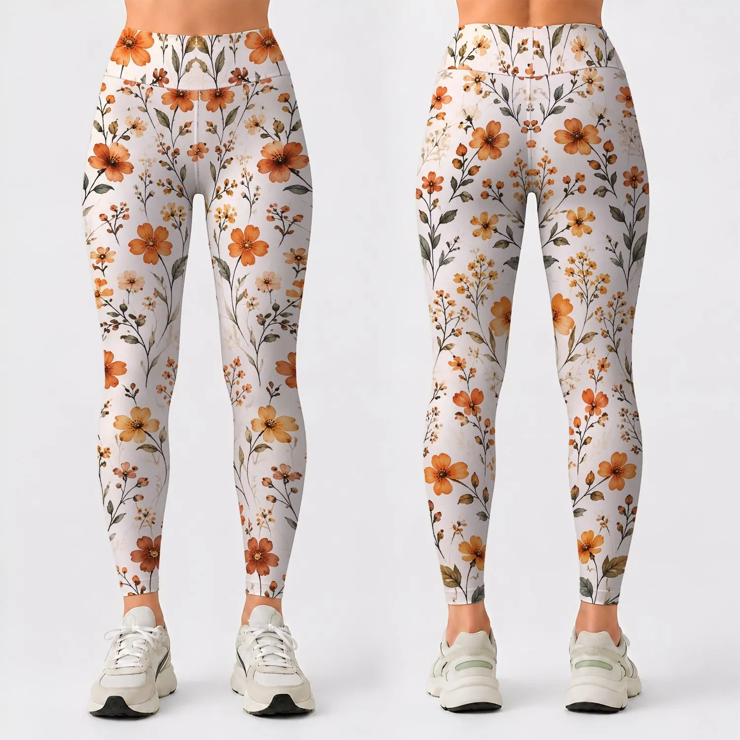 Rust Orange Wildflower Sprigs For Yoga, Pilates, Travel And Everyday Casual Wear Leggings - 1