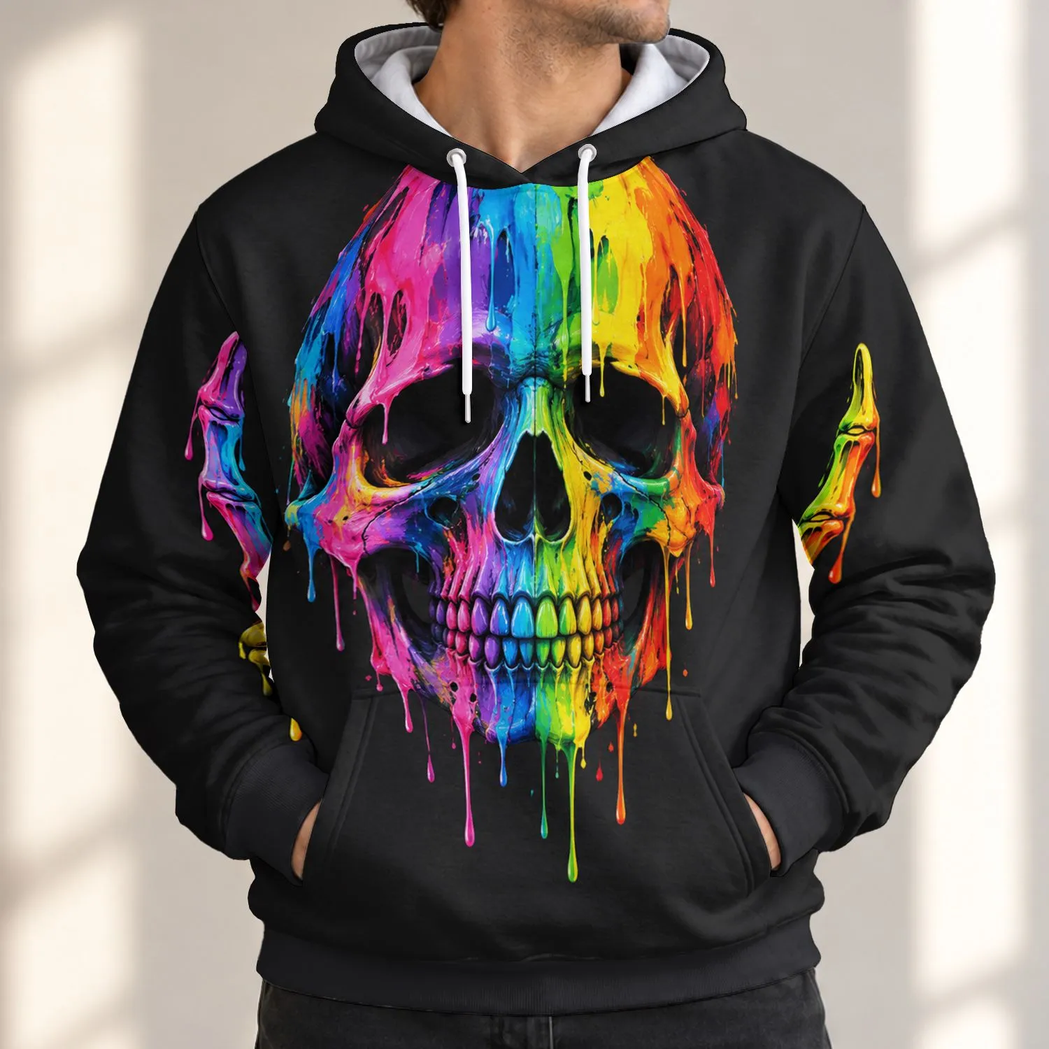 Rainbow Dripping Skull And Skeleton Hands For Halloween Nights And Gothic Festival Style All-over Print Hoodie (Lightweight) - 1