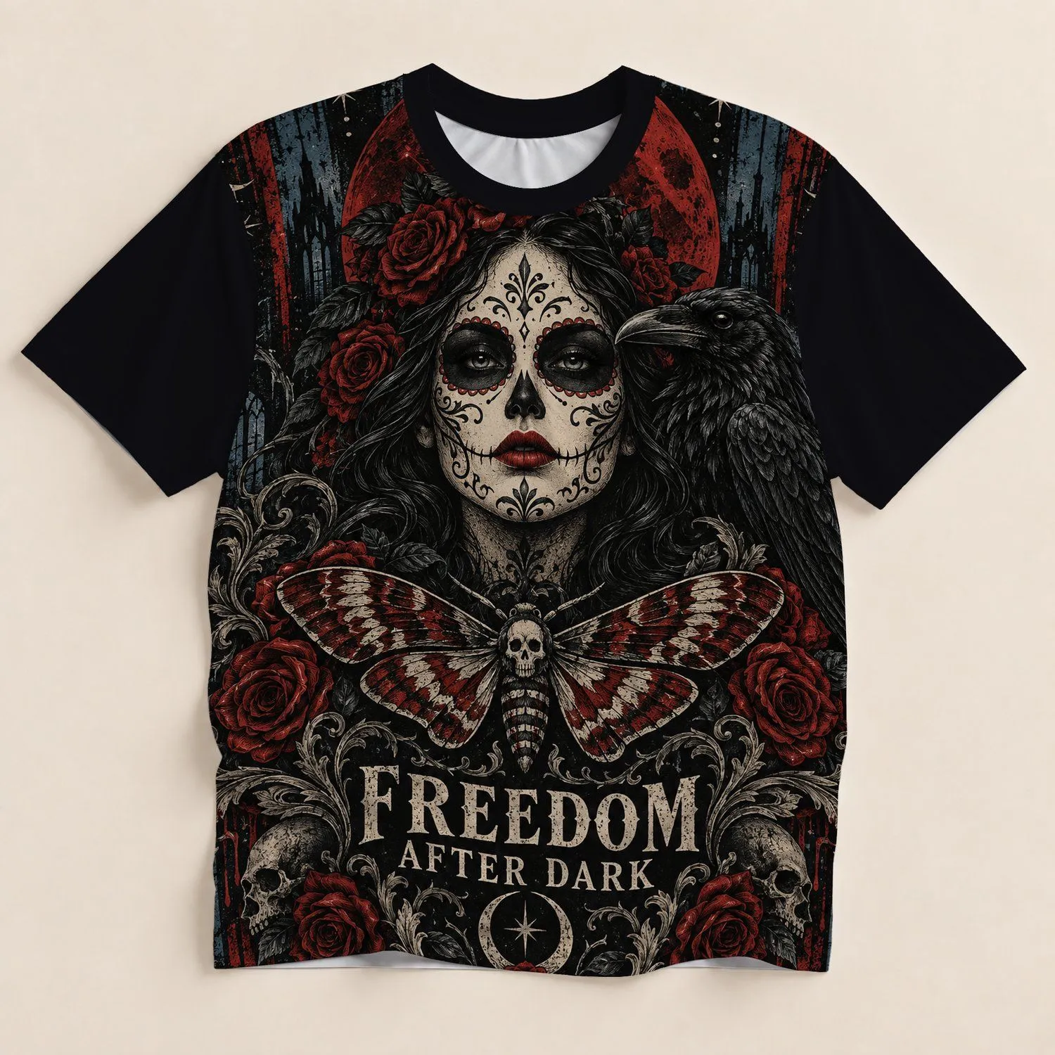 Gothic Sugar Skull, Crimson Roses And Raven For Halloween Nightlife Style Gift For Her All-over Print Unisex T-shirt - 1