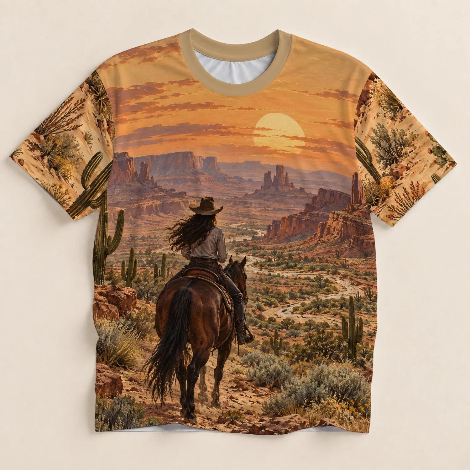 Desert Cowboy on Horse at Sunset for Western Rodeo Lovers and Outdoor Adventure Seekers All-over Print Unisex T-shirt - 1