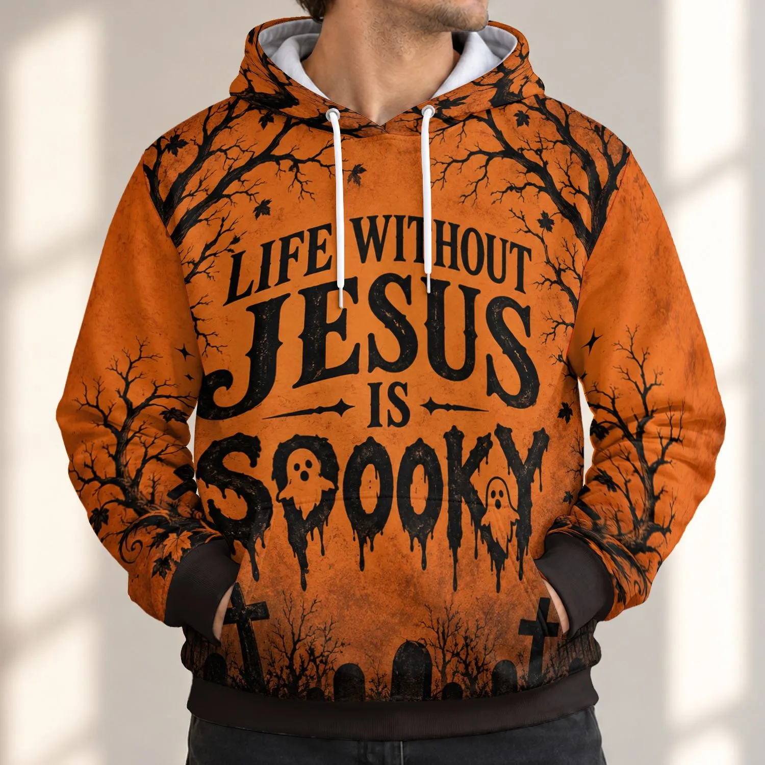 Crescent Moon Graveyard Scene for Halloween Night and Gothic Seasonal Style All-over Print Hoodie (Lightweight) - 1
