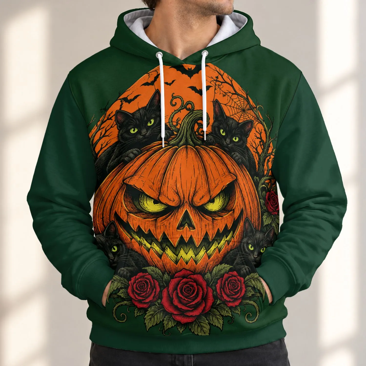 Creepy Pumpkin, Black Cats And Red Roses For Halloween Night Celebrations And Parties All-over Print Hoodie (Lightweight) - 1