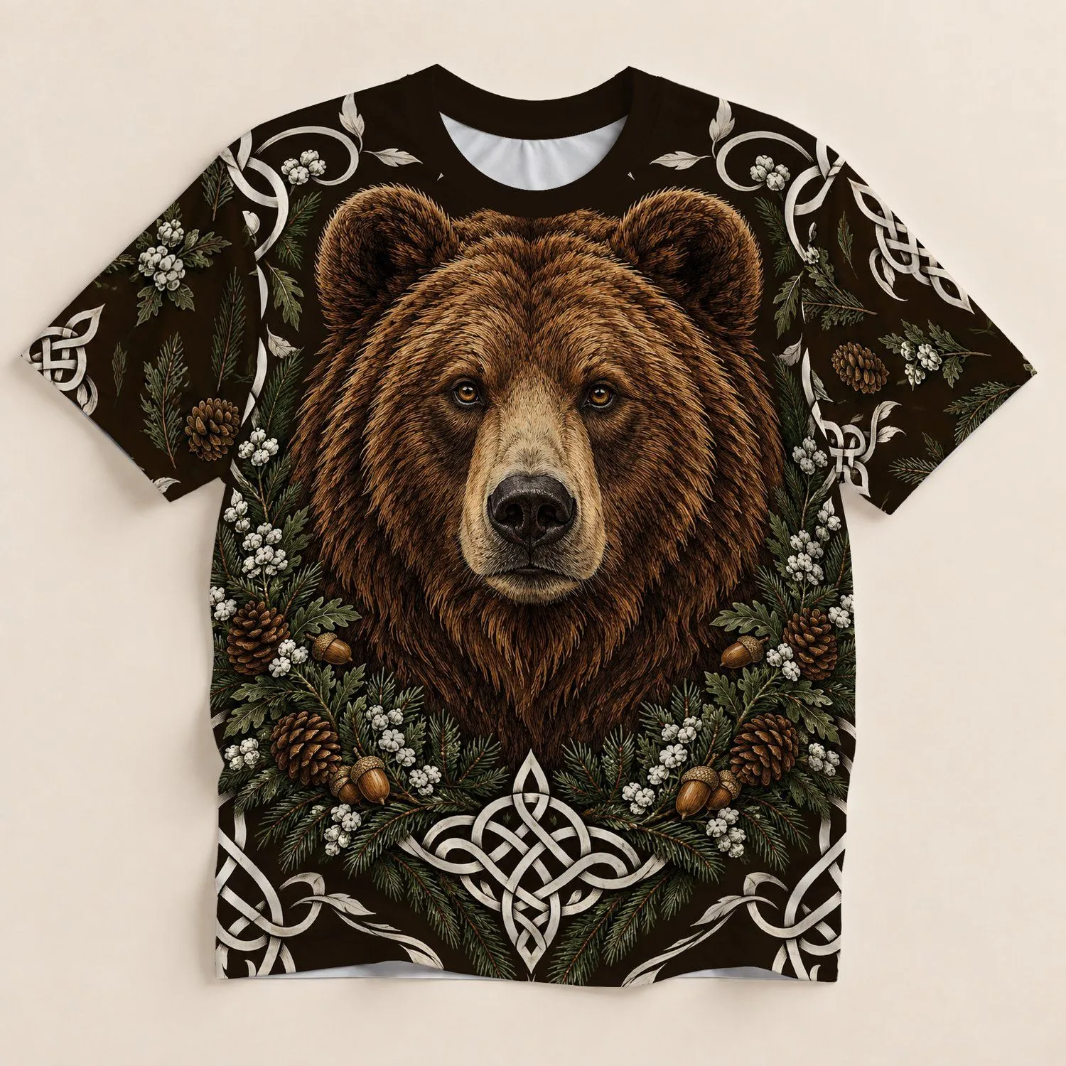 Woodland Bear and Pine Boughs for Nordic Winter Festivals and Cozy Countryside Days All-over Print Unisex T-shirt - 1