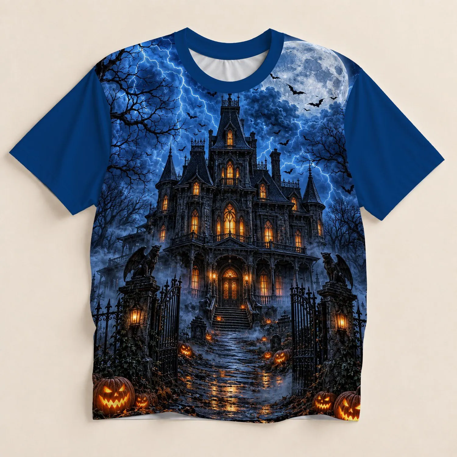 Haunted Mansion Moonlit Halloween Scene for Spooky Autumn Nights and Parties All-over Print Unisex T-shirt - 1