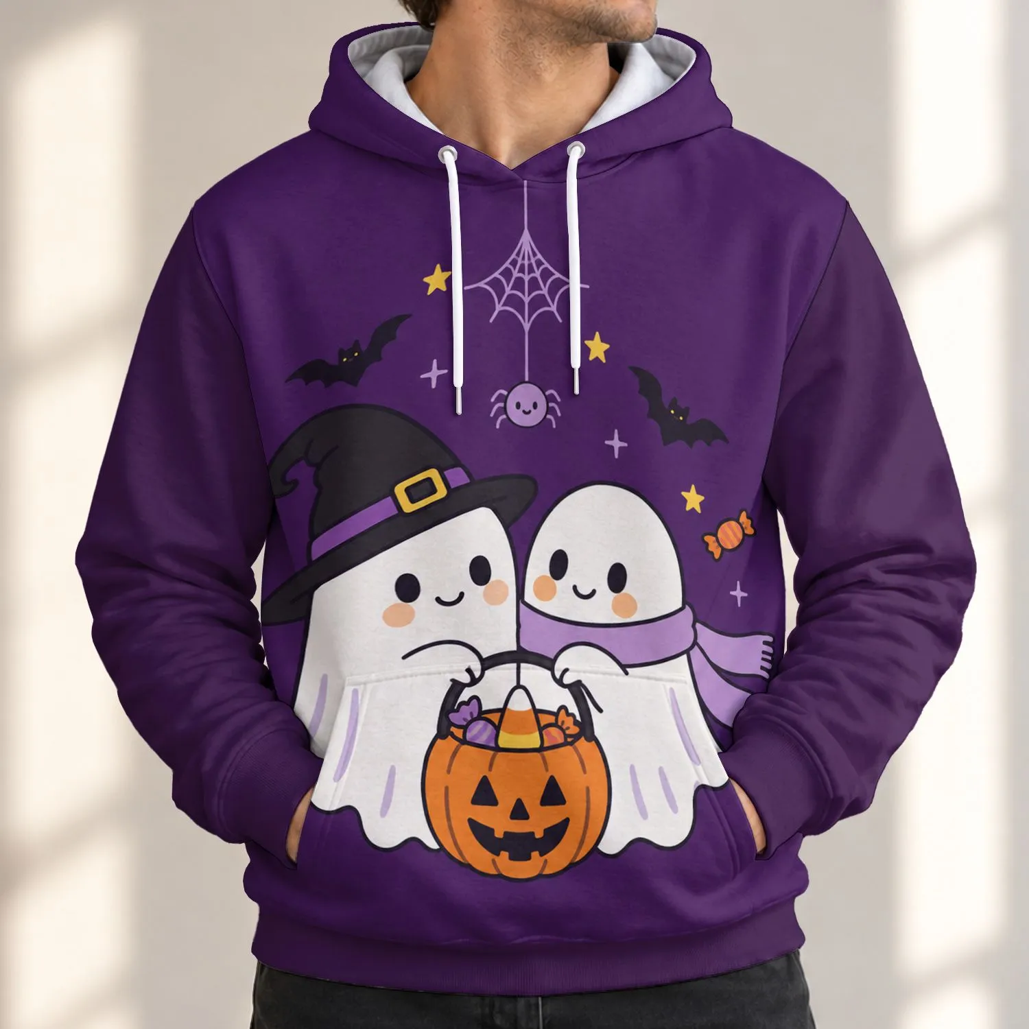 Cute Ghost Halloween Candy Pumpkin Scene for Cozy Autumn Parties and Trick-or-Treating All-over Print Hoodie (Lightweight) - 1