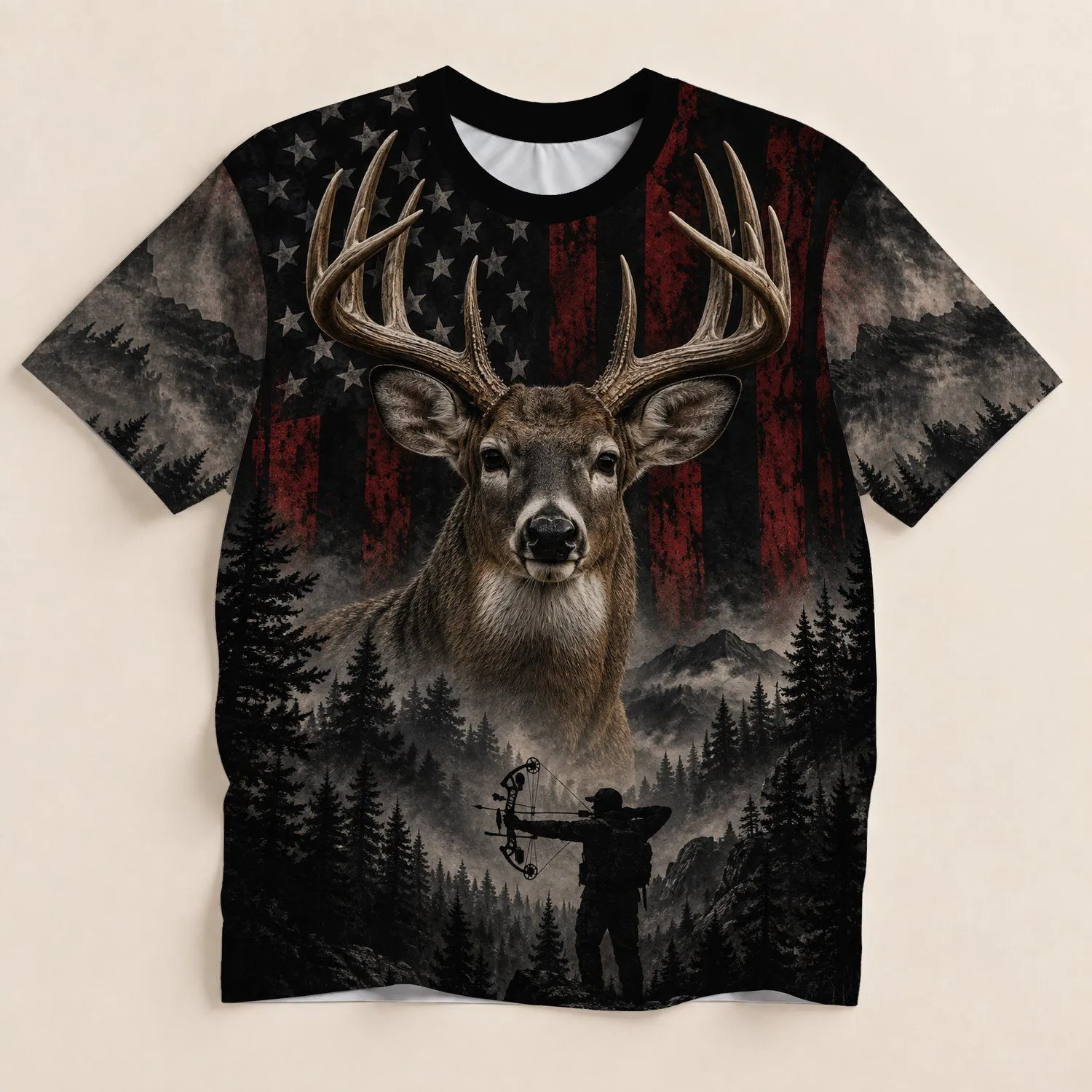 Whitetail Buck And Bowhunter Wilderness Scene For Deer Hunting Season Outdoorsman Gift All-over Print Unisex T-shirt - 1