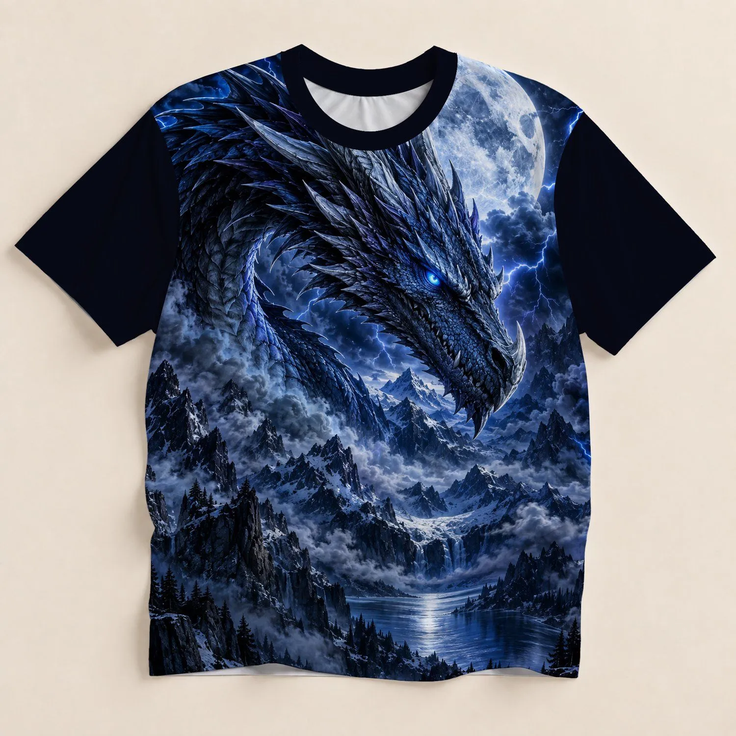 Blue Dragon Moonlit Mountain Scene For Outdoor Adventure And Fantasy Fans All-over Print Unisex T-shirt - 1