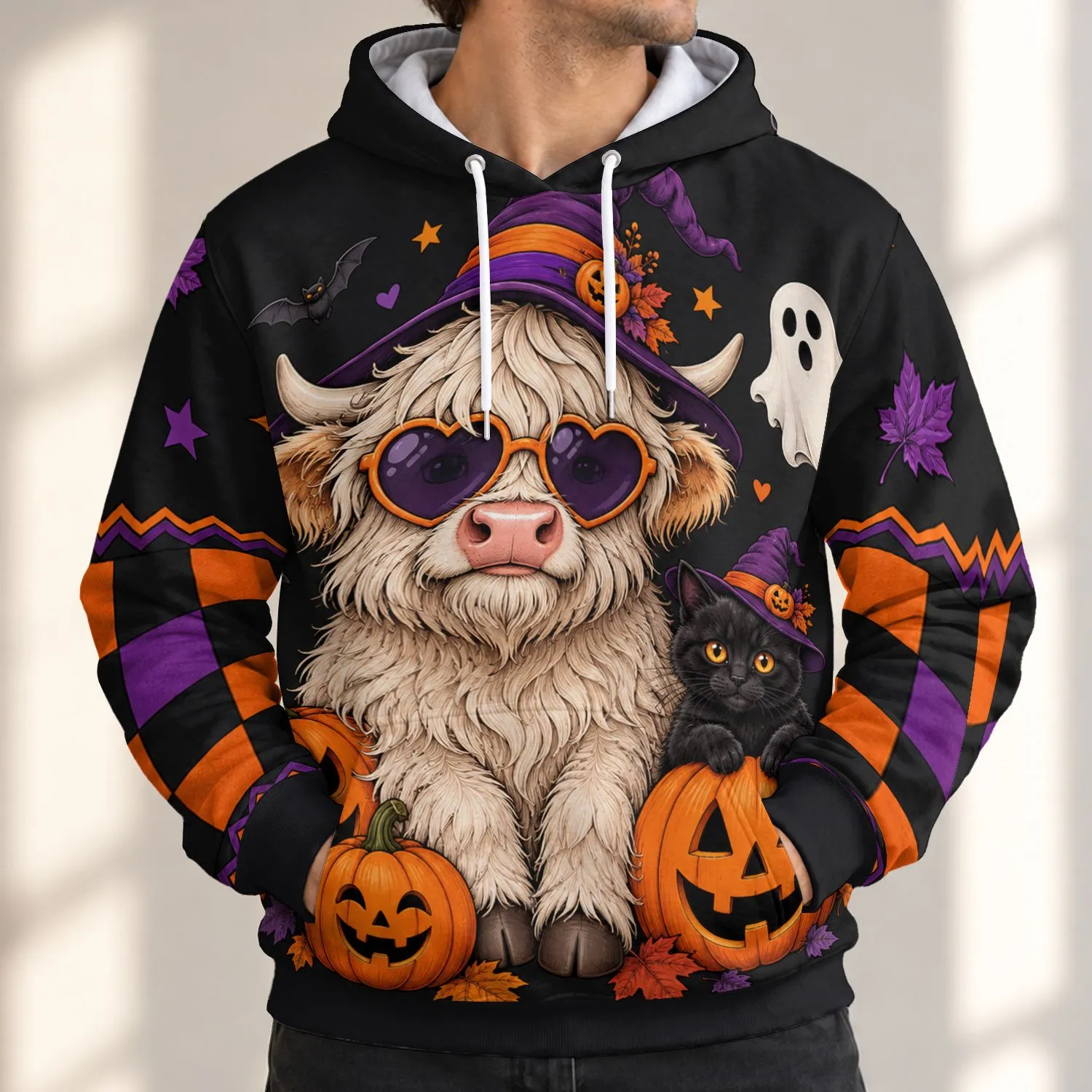 Shaggy Cow Witch with Pumpkins for Playful Halloween Nights, Autumn Parties and Fall Fun All-over Print Hoodie (Lightweight) - 1