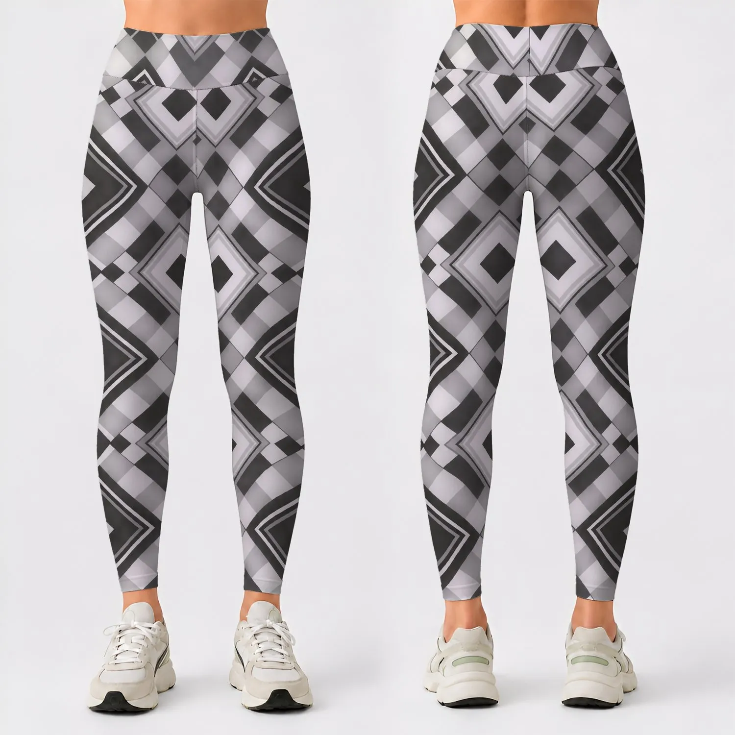Black White Diamond Checks for Yoga Pilates Commutes and Everyday Wear Leggings - 1