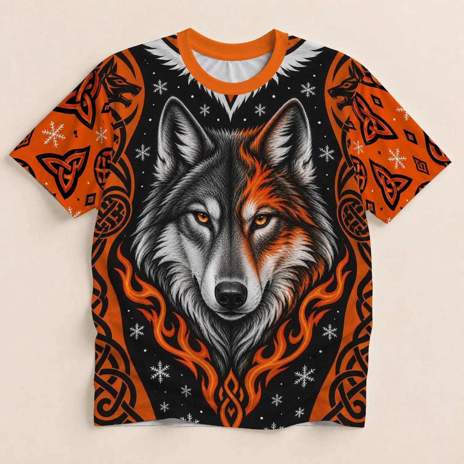 Wolf Head Flame and Celtic Knot Winter Style for Nordic Outdoor Adventures and Cold Days All-over Print Unisex T-shirt - 1