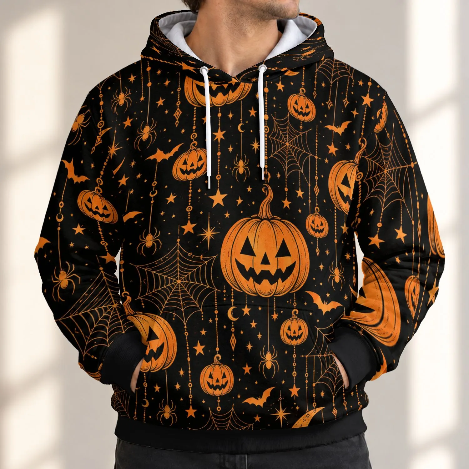 Pumpkin Spiderweb Moon And Star Halloween Night Party Style For Women This Autumn All-over Print Hoodie (Lightweight) - 1