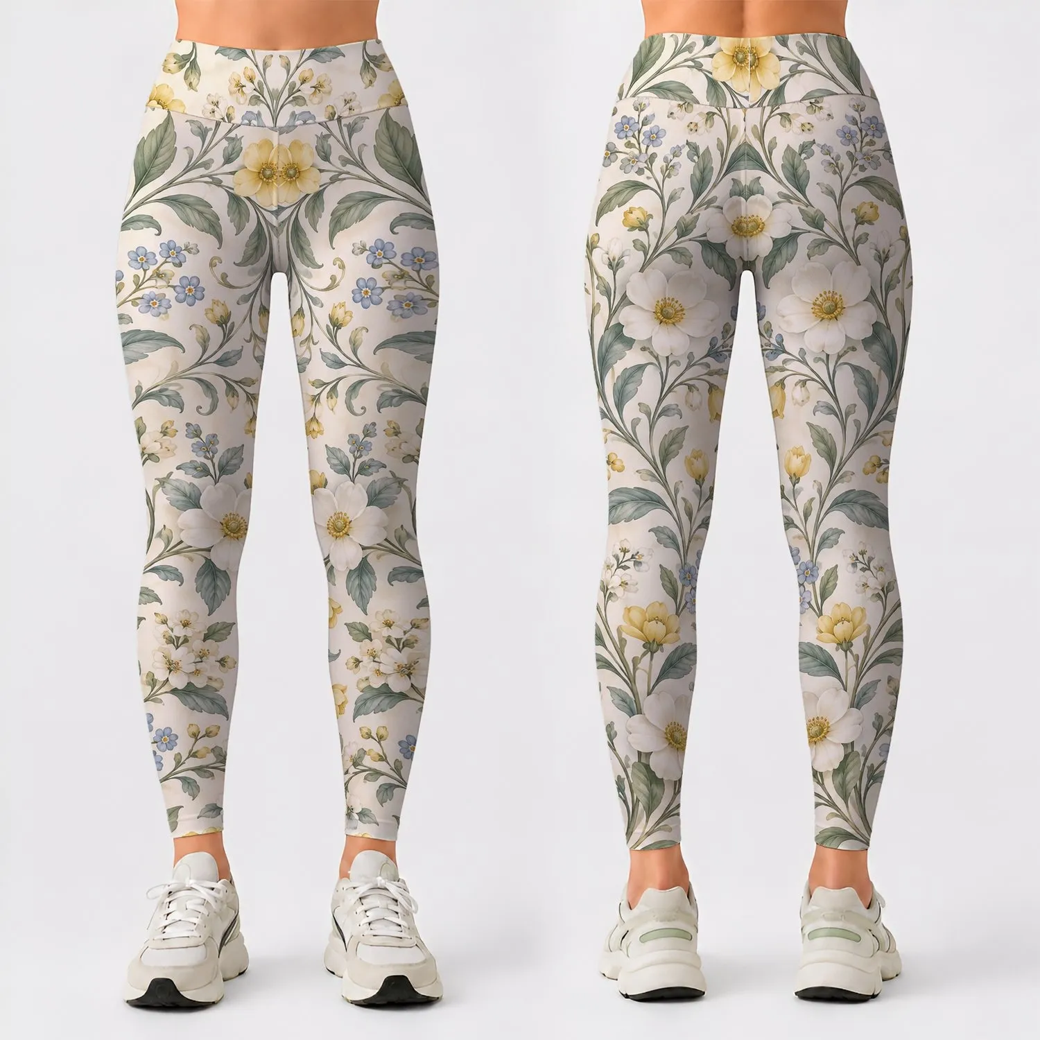 Ivory Sage and Buttercup Botanical Vines for Yoga, Pilates, and Everyday Activewear Leggings - 1