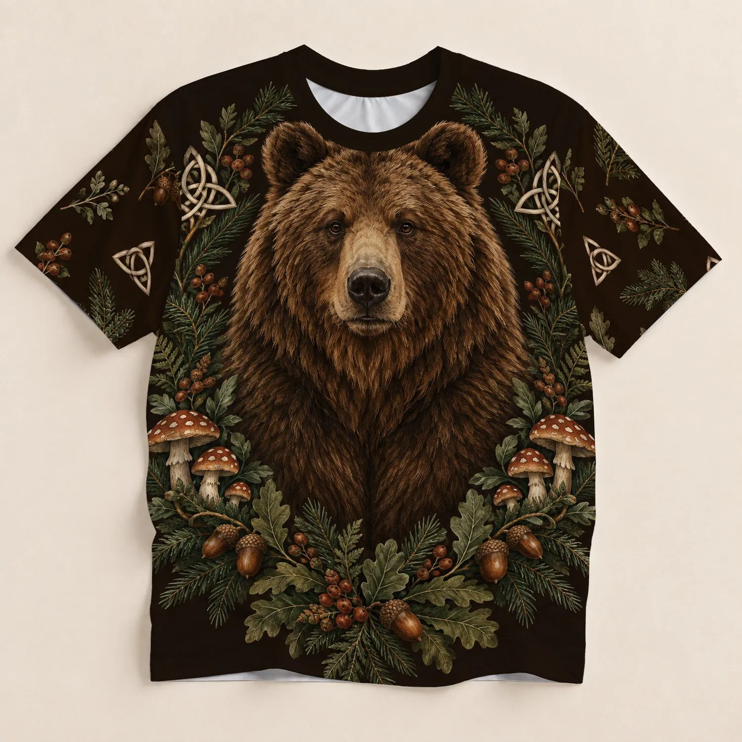 Brown Bear Mushroom Woodland Scene for Cozy Autumn Nature Lovers and Forest Fans All-over Print Unisex T-shirt - 1