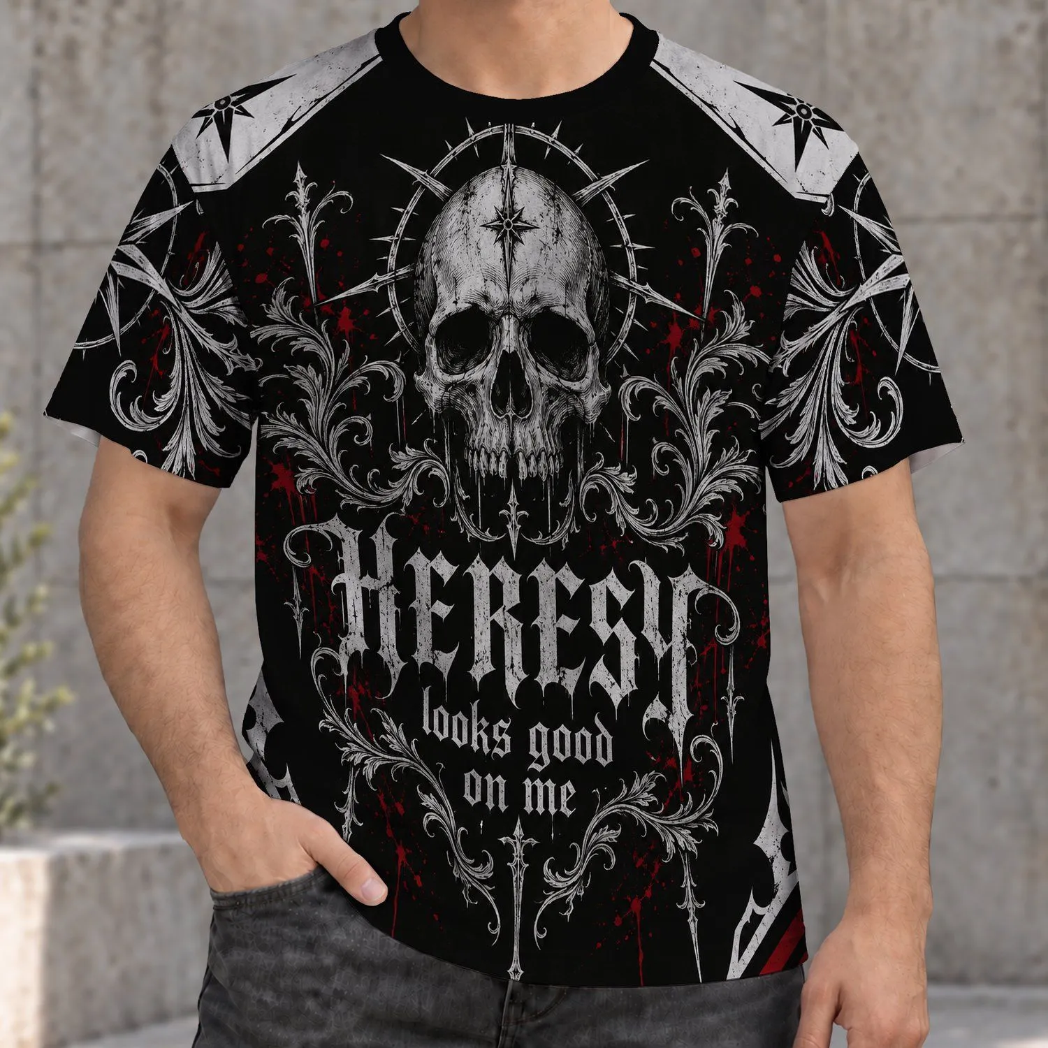 Gothic Skull and Blackletter Style for Halloween Parties and Dark Theme Events All-over Print Unisex T-shirt - 1