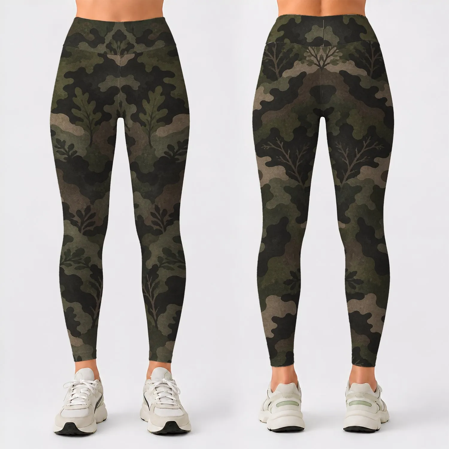Olive Woodland Camo Motif for Yoga, Pilates, Gym Training and Everyday Casual Style Leggings - 1