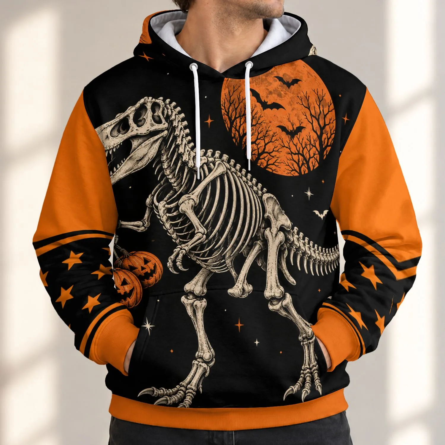 Dinosaur Skeleton and Pumpkin Moon Halloween Night for Spooky Autumn Celebrations All-over Print Hoodie (Lightweight) - 1