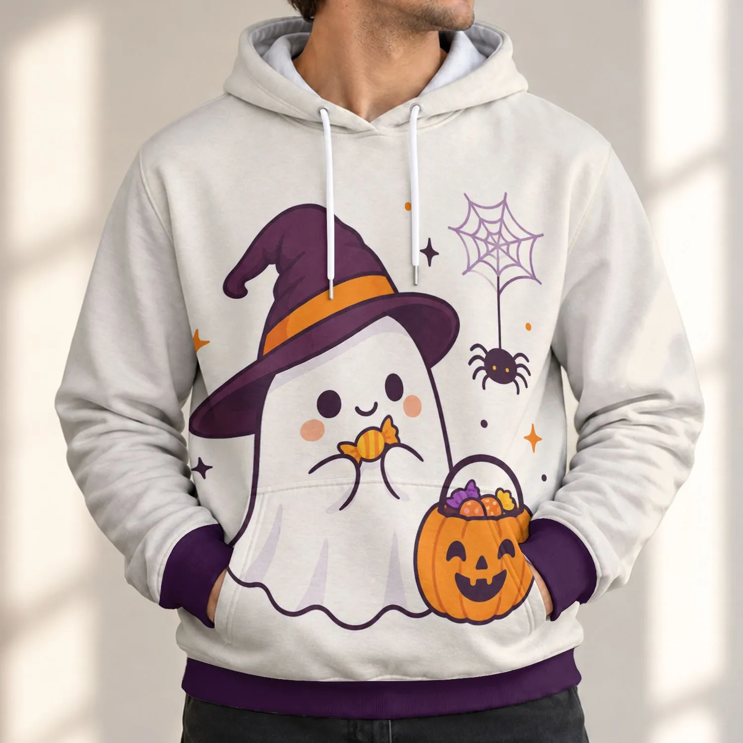 Kawaii Ghost Witch Hat Candy Scene for Cozy Halloween Celebrations and Autumn Nights All-over Print Hoodie (Lightweight) - 1