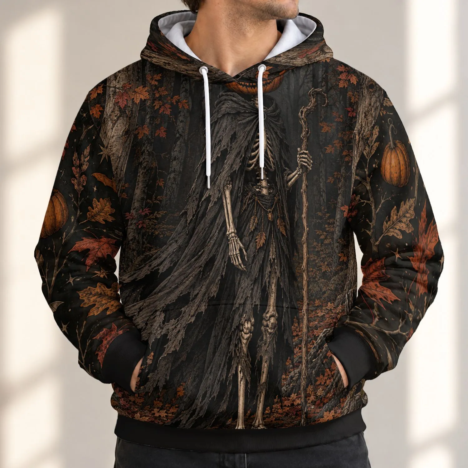 Pumpkin Head Skeleton in Moonlit Forest for Spooky Autumn Nights and Halloween Gatherings All-over Print Hoodie (Lightweight) - 1