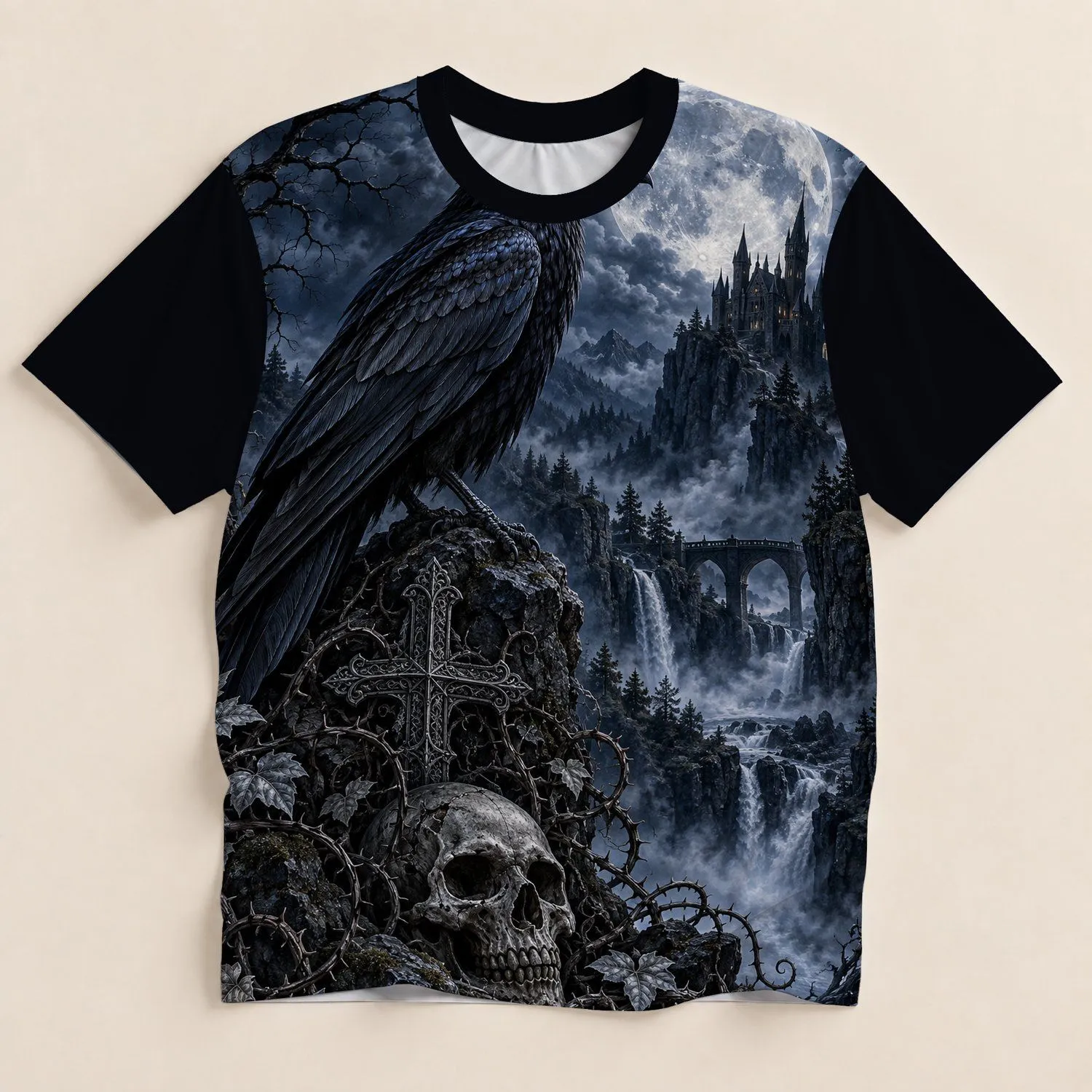 Gothic Raven, Full Moon Castle and Skull for Halloween Nights and Dark Fantasy Fans All-over Print Unisex T-shirt - 1
