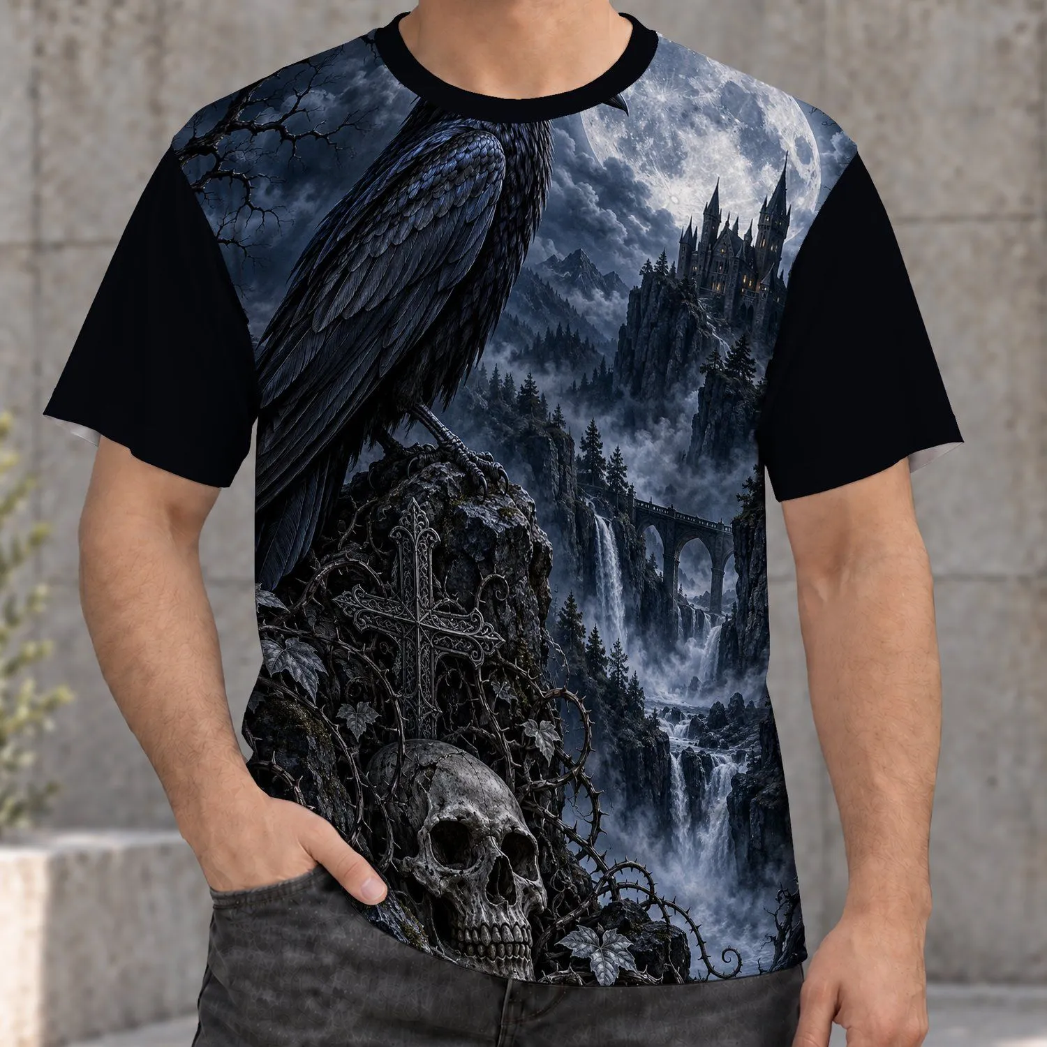 Gothic Raven, Full Moon Castle and Skull for Halloween Nights and Dark Fantasy Fans All-over Print Unisex T-shirt - 1