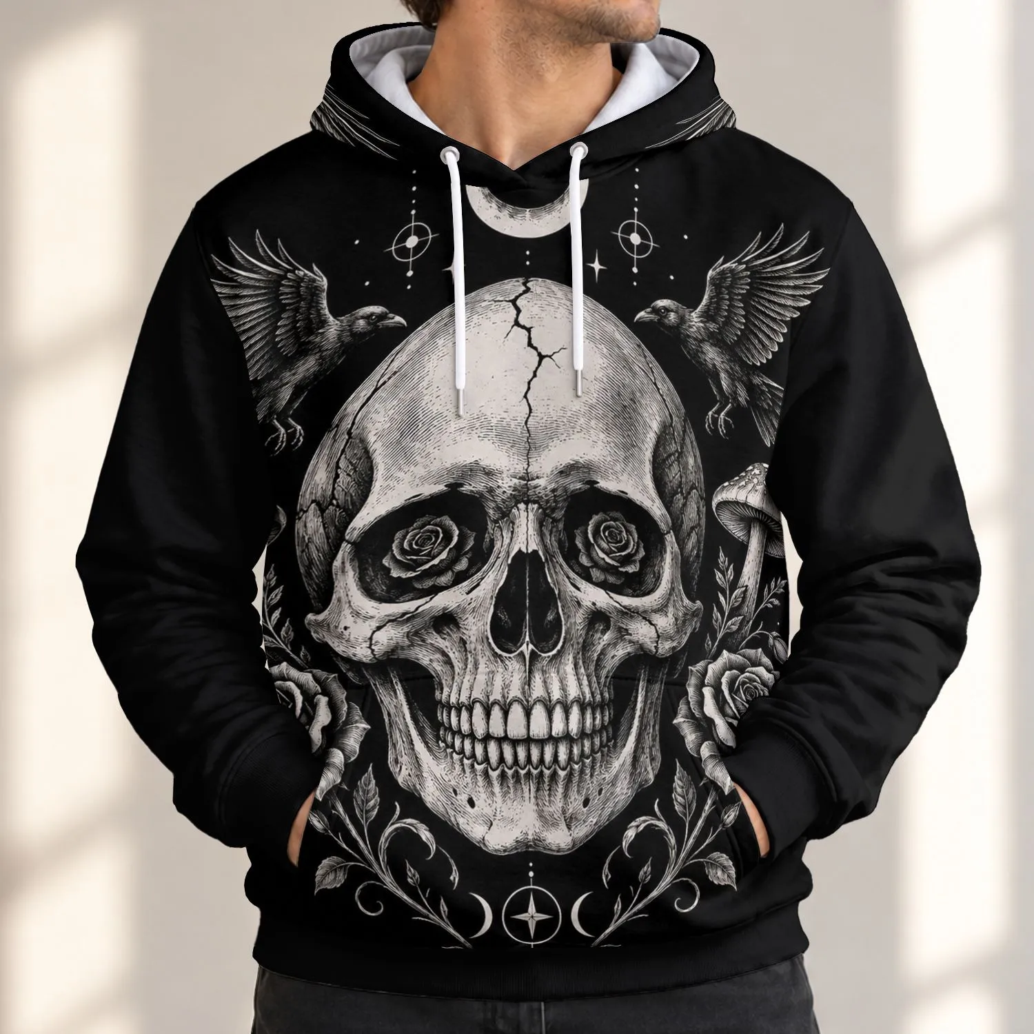 Gothic Skull Crow Rose Crescent Moon for Halloween Nights and Dark Autumn Style All-over Print Hoodie (Lightweight) - 1