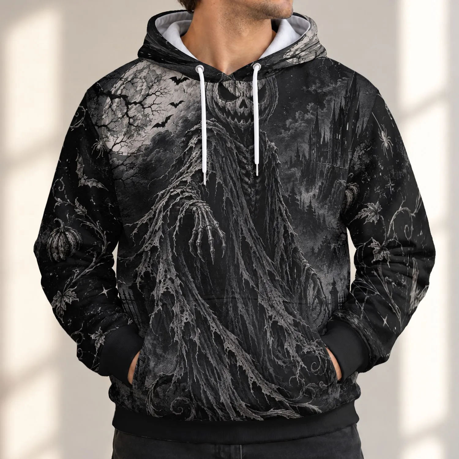 Pumpkin Wraith Moonlit Castle Scene for Halloween Nights and Gothic Fall Style All-over Print Hoodie (Lightweight) - 1
