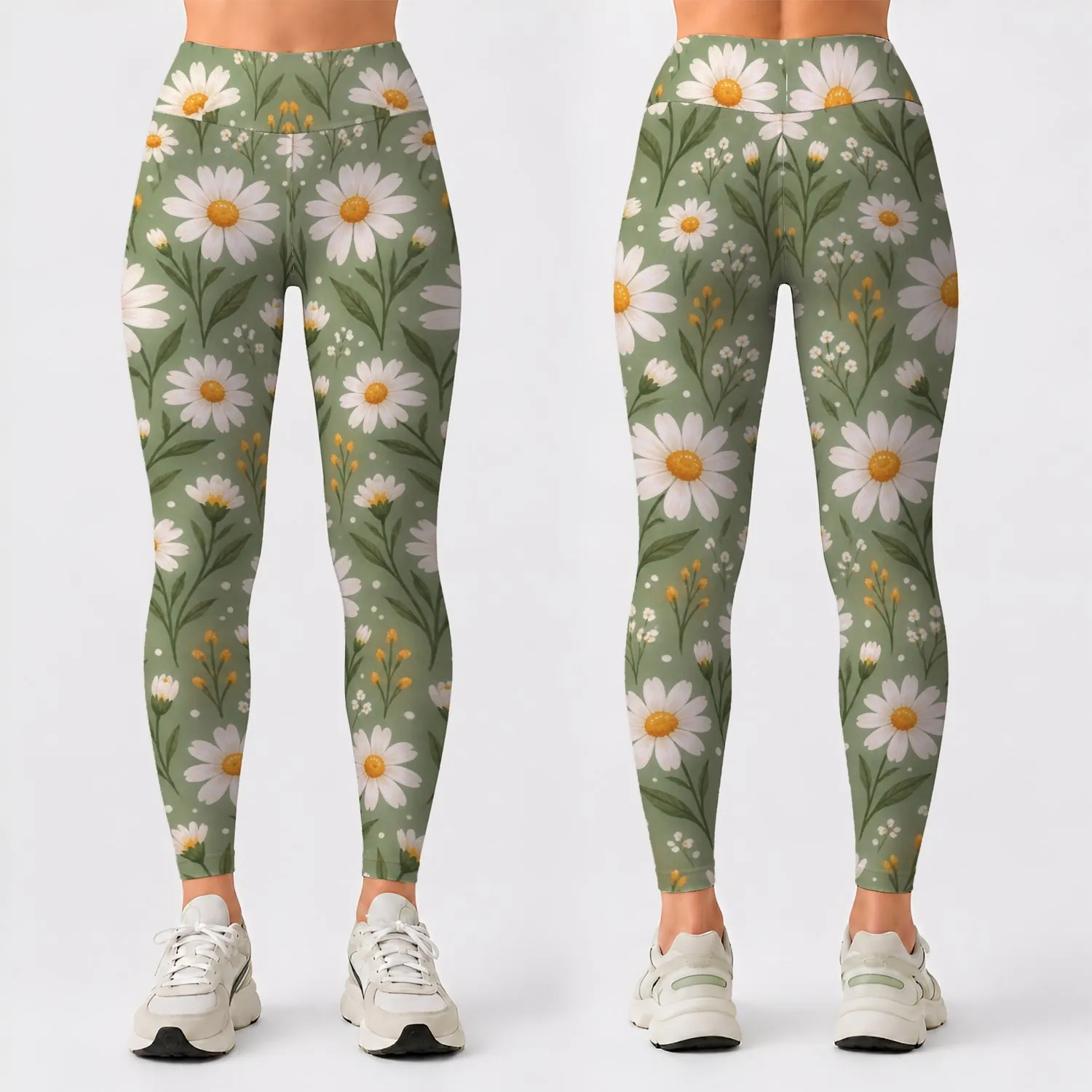 Sage Green Daisy Blooms for Yoga, Pilates, Travel, and Everyday Outings Leggings - 1