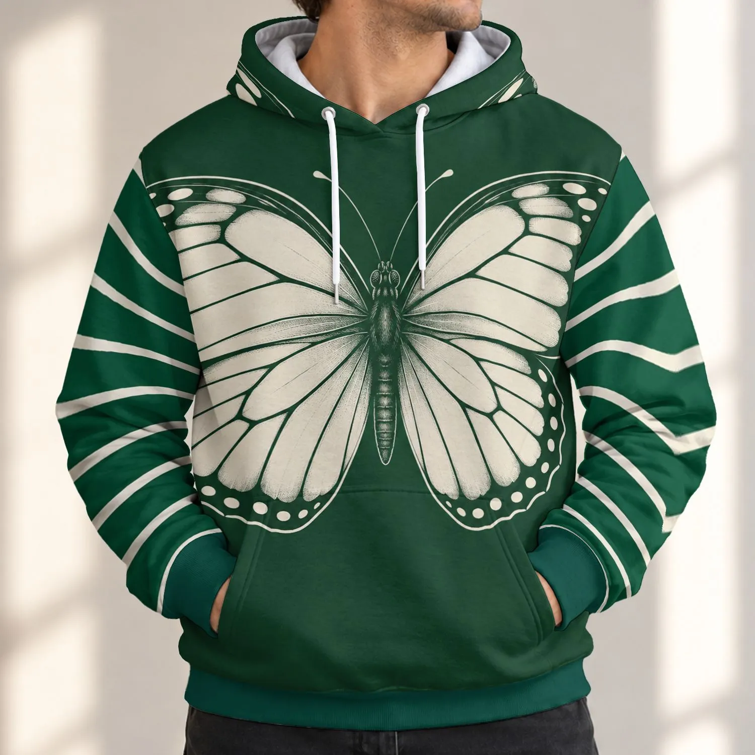 Ivory Butterfly on Forest Green for Nature Lovers and Everyday Spring Outings All-over Print Hoodie (Lightweight) - 1
