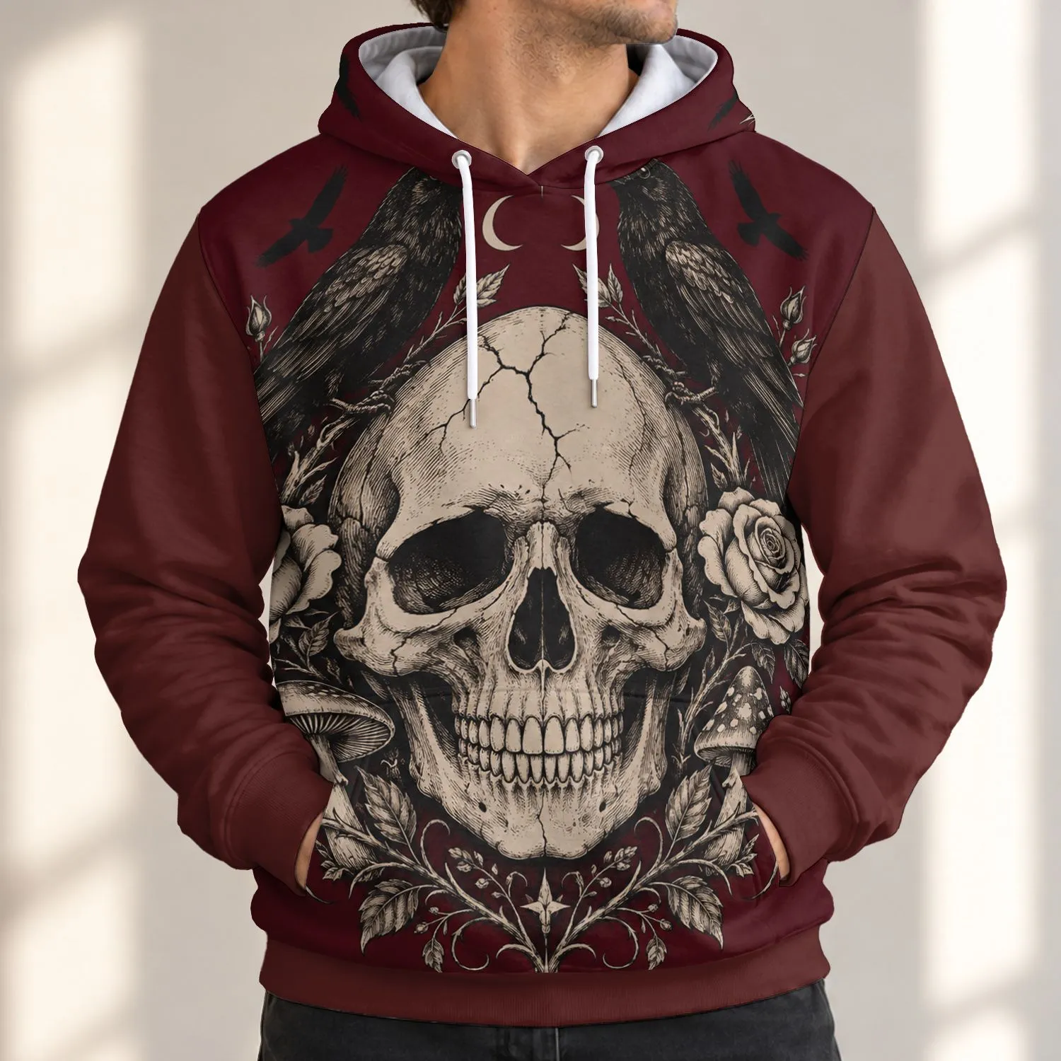 Gothic Skull, Crow, Rose and Mushroom Art for Halloween Nights and Dark Aesthetic Fans All-over Print Hoodie (Lightweight) - 1