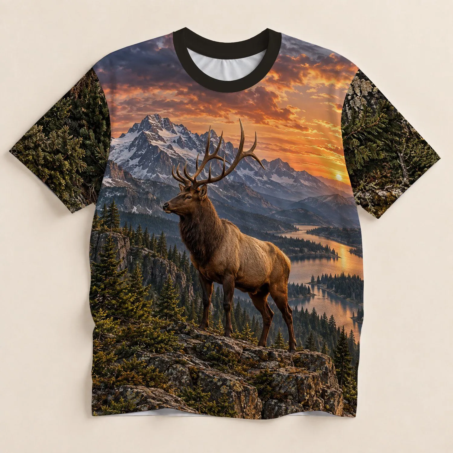 Bull Elk Alpine Lake Mountain Scenery for Hiking Camping and Outdoor Adventure All-over Print Unisex T-shirt - 1