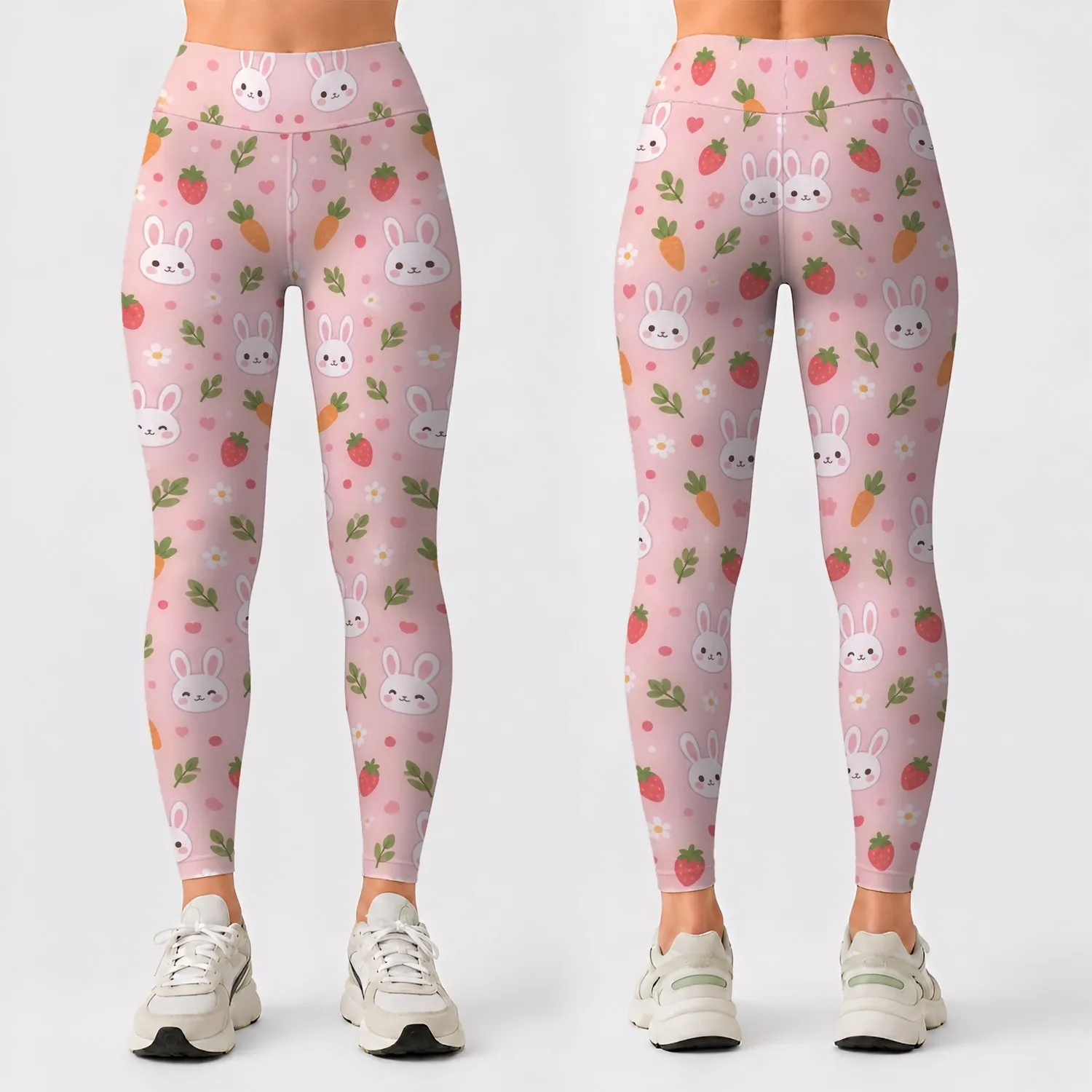 Blush Pink Bunny, Carrot And Strawberry Motifs For Yoga, Pilates And Everyday Wear Leggings - 1