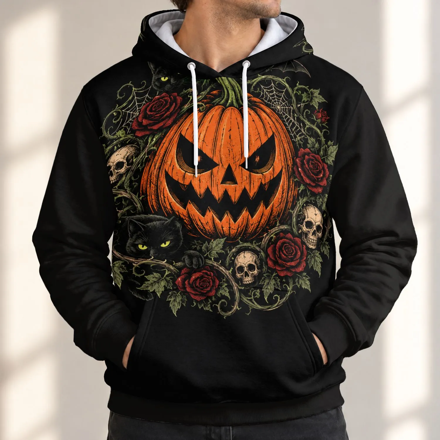 Jack O Lantern, Black Cats And Roses For Halloween Spooky Season Autumn Night Wear All-over Print Hoodie (Lightweight) - 1