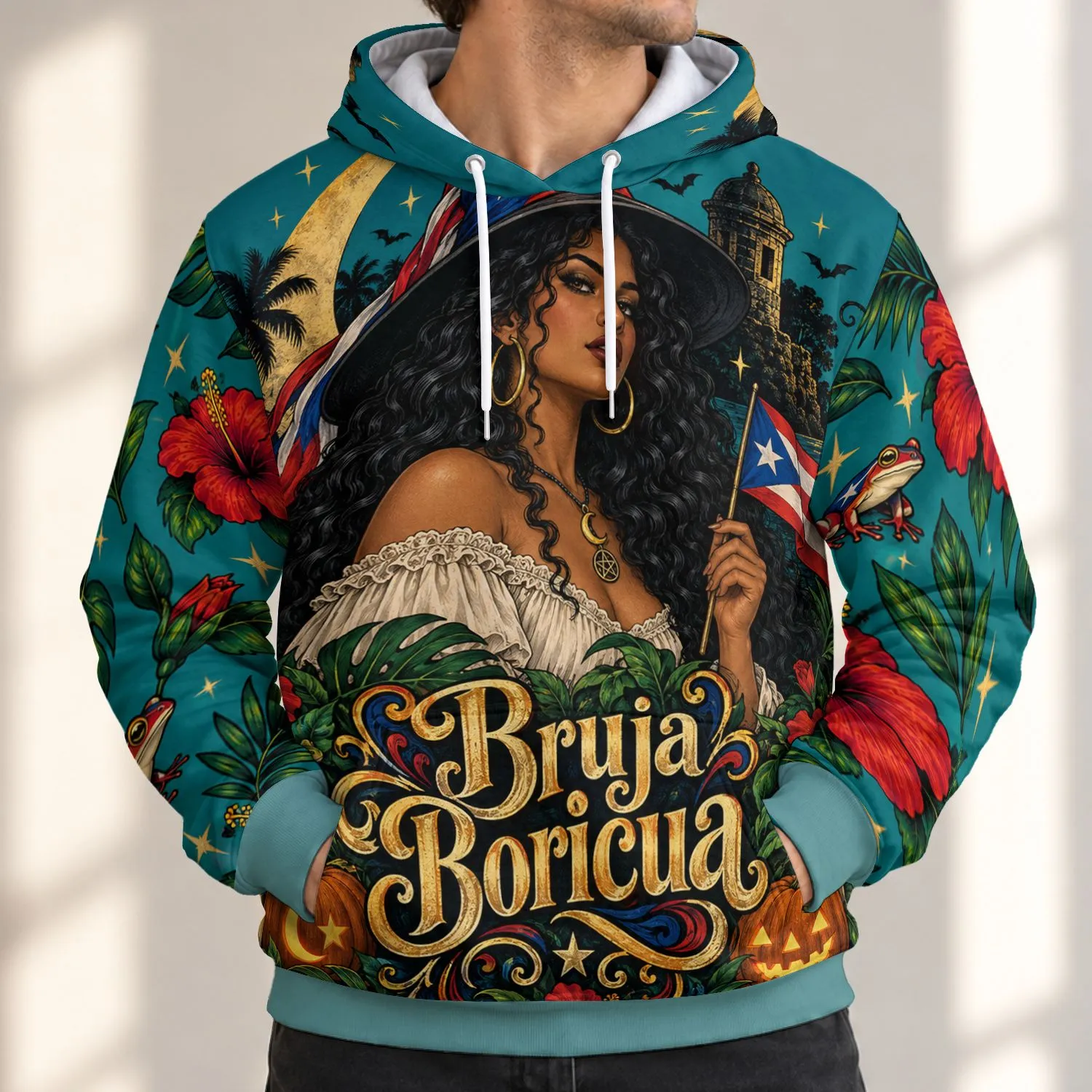 Boricua Witch Moonlit Halloween Celebration for Puerto Rican Culture Enthusiasts All-over Print Hoodie (Lightweight) - 1