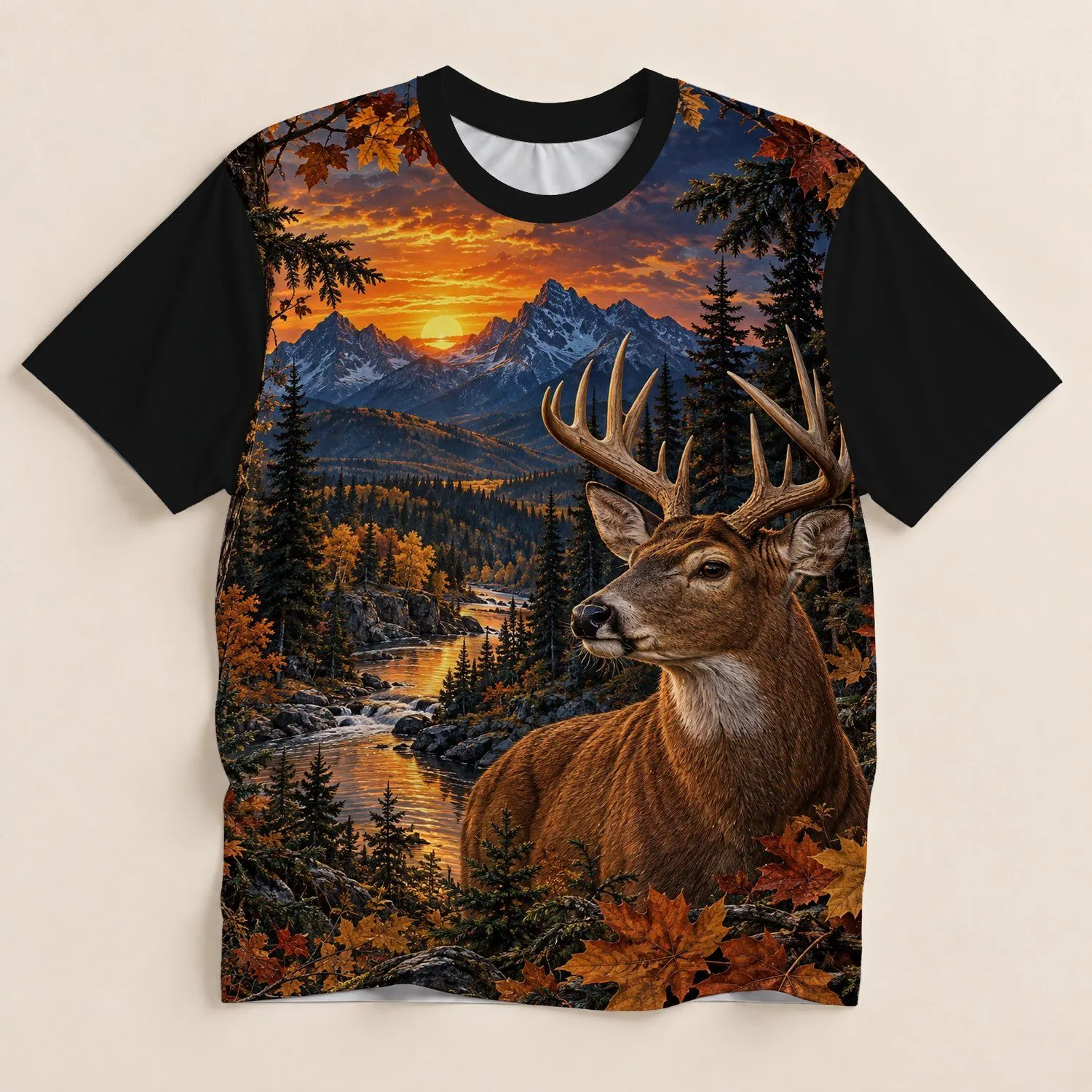 Deer at Sunset Mountain Wilderness Scene for Autumn Hiking and Outdoor Adventures All-over Print Unisex T-shirt - 1