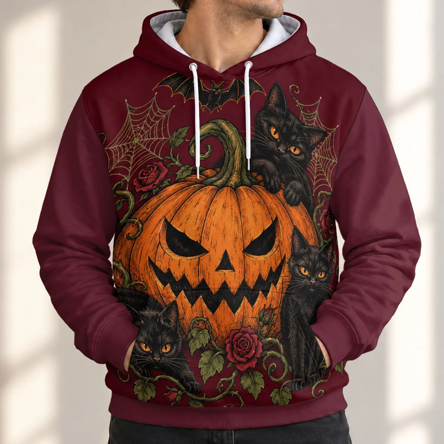 Jack-O'-Lantern Cats and Roses for Spooky Halloween Parties and Cozy Autumn Nights All-over Print Hoodie (Lightweight) - 1