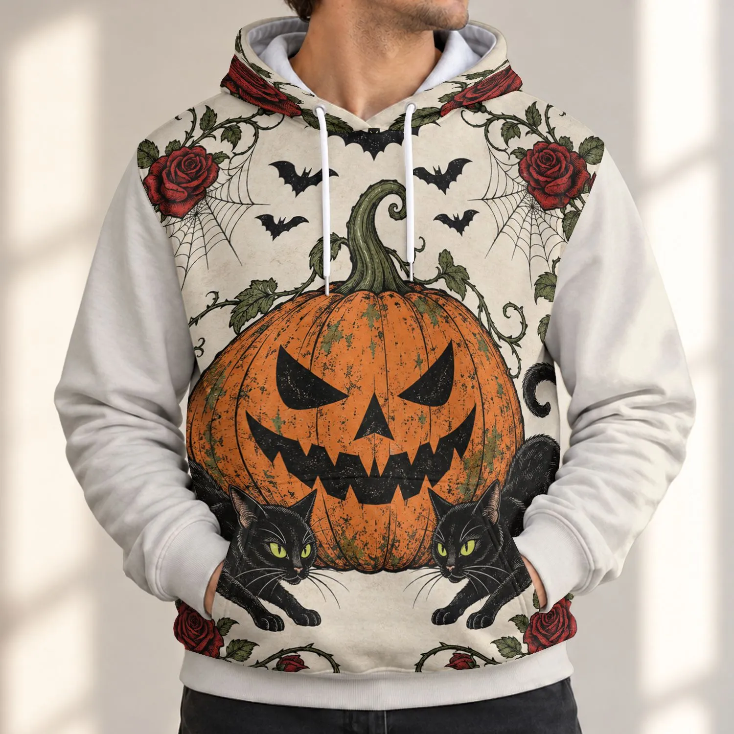 Spooky Black Cats, Jack-O’-Lantern & Roses for Halloween Night Celebrations All-over Print Hoodie (Lightweight) - 1