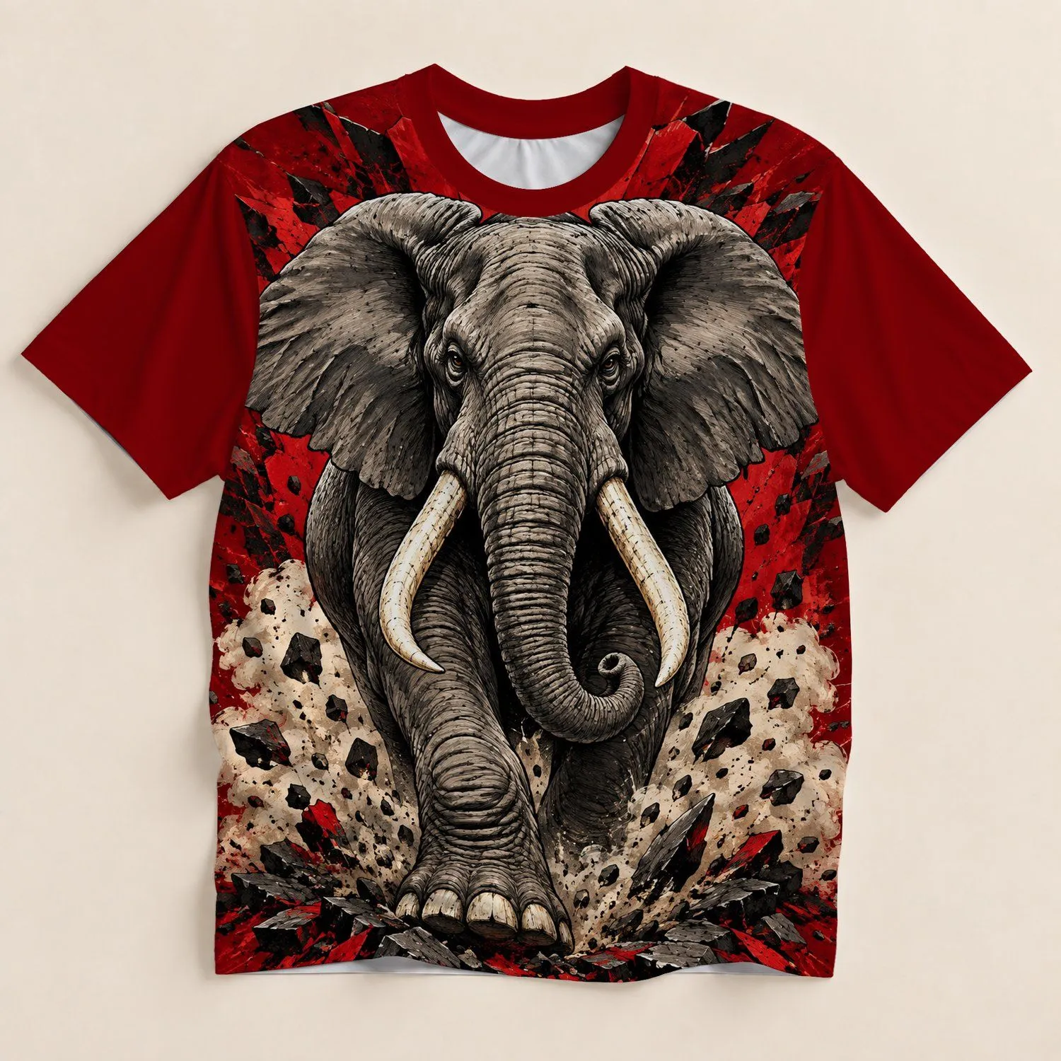 Charging Elephant Red Ivory Wildlife Art for Outdoor Adventures and Everyday Casual Wear All-over Print Unisex T-shirt - 1
