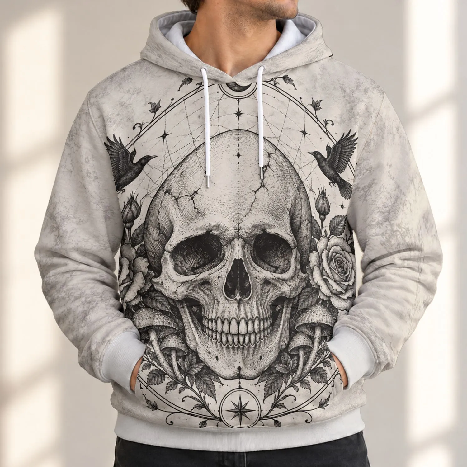 Engraved Skull, Roses and Crescent Moon for Gothic Autumn Dark Academia Fans All-over Print Hoodie (Lightweight) - 1