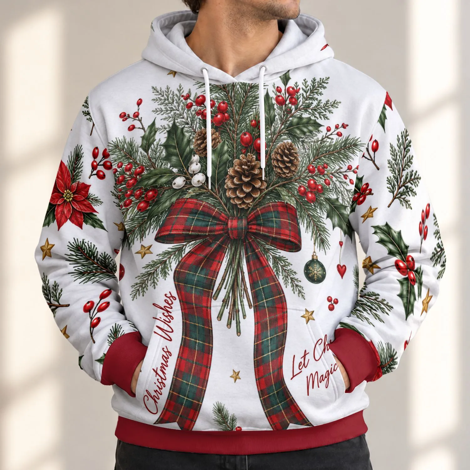 Christmas Evergreen Bow and Berry Bouquet for Festive Holiday Gatherings and Winter Cheer All-over Print Hoodie (Lightweight) - 1