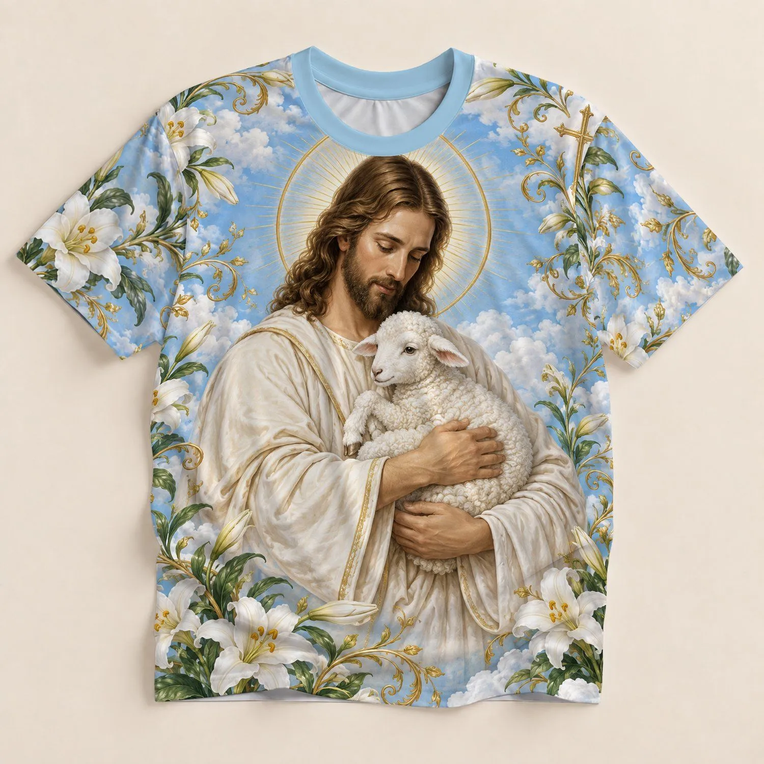 Jesus Holding Lamb with White Lilies for Faithful Everyday Wear and Church Gatherings All-over Print Unisex T-shirt - 1