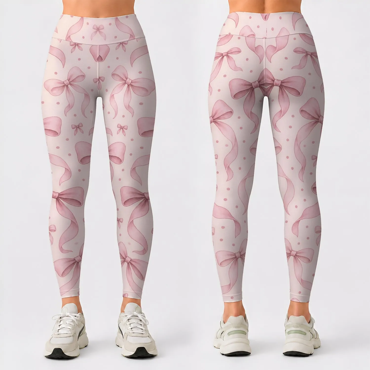Blush Pink Bows and Rose Dots for Studio Sessions and Everyday Wear Leggings - 1