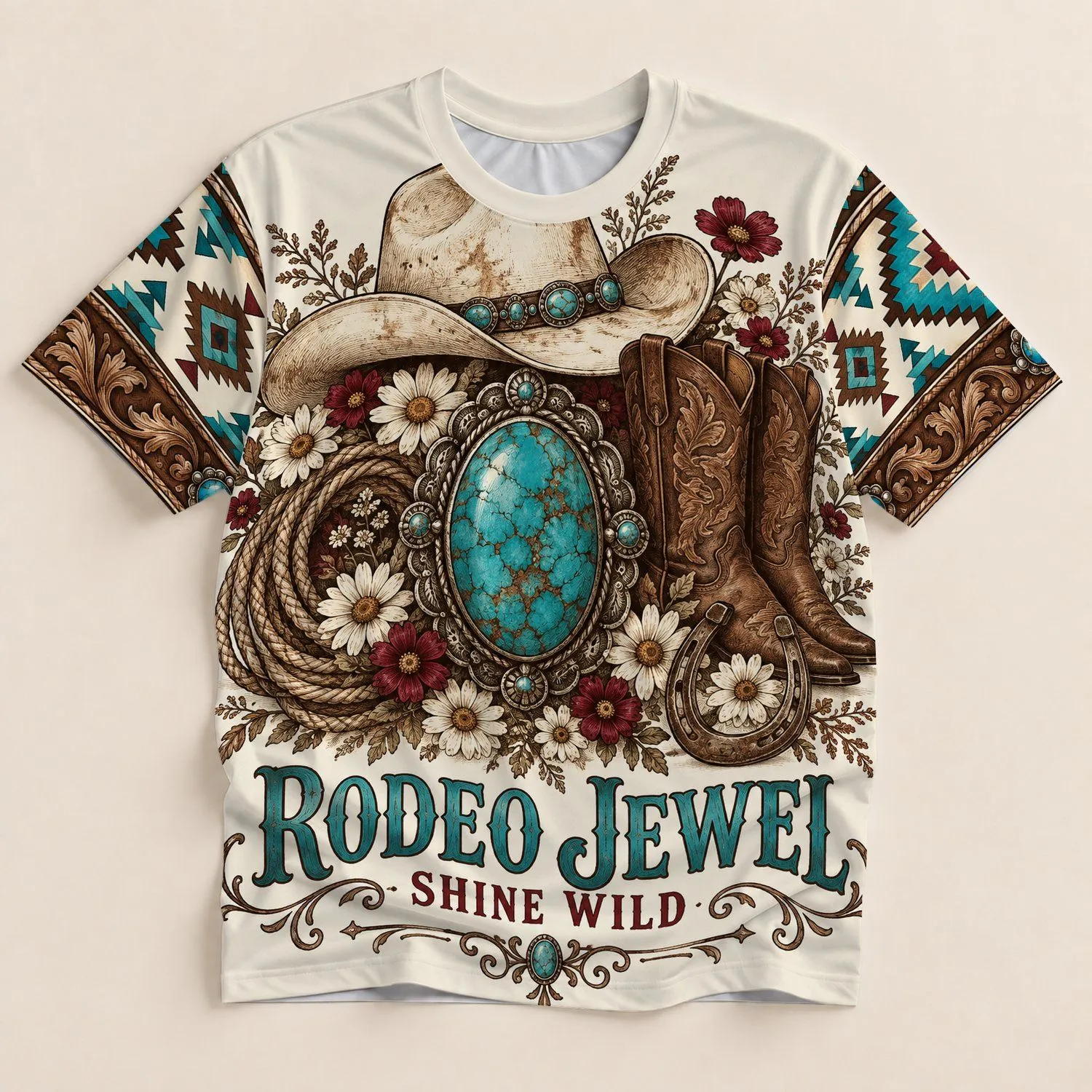 Turquoise Rodeo Boots and Jewel for Country Concerts and Western Cowgirl Style All-over Print Unisex T-shirt - 1
