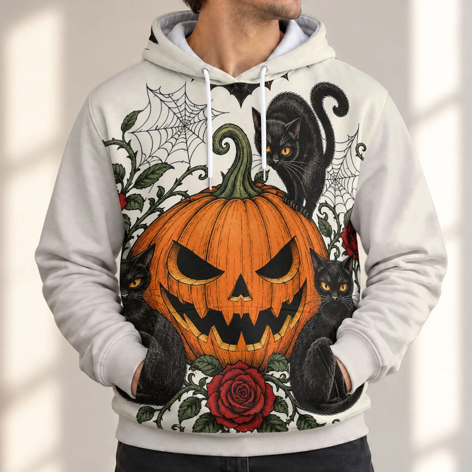 Jack-O'-Lantern, Three Black Cats and Roses for Spooky Halloween Nights and Fall All-over Print Hoodie (Lightweight) - 1