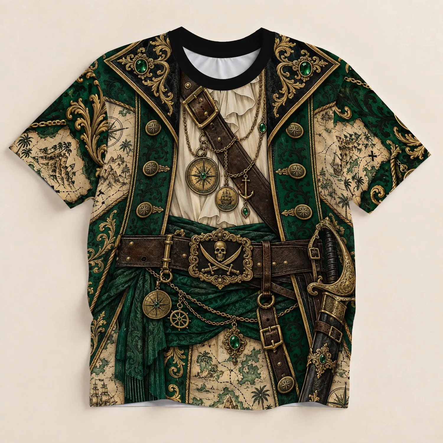 Emerald Pirate Treasure Map Outfit for Halloween Parties and Adventurous Everyday Wear All-over Print Unisex T-shirt - 1