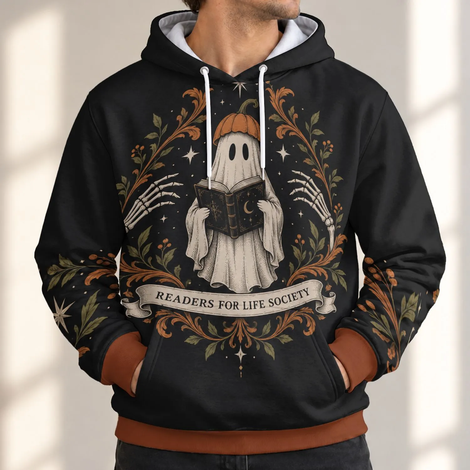 Bookish Pumpkin Ghost for Halloween Night Reading and Gothic Fall Style Gifts All-over Print Hoodie (Lightweight) - 1
