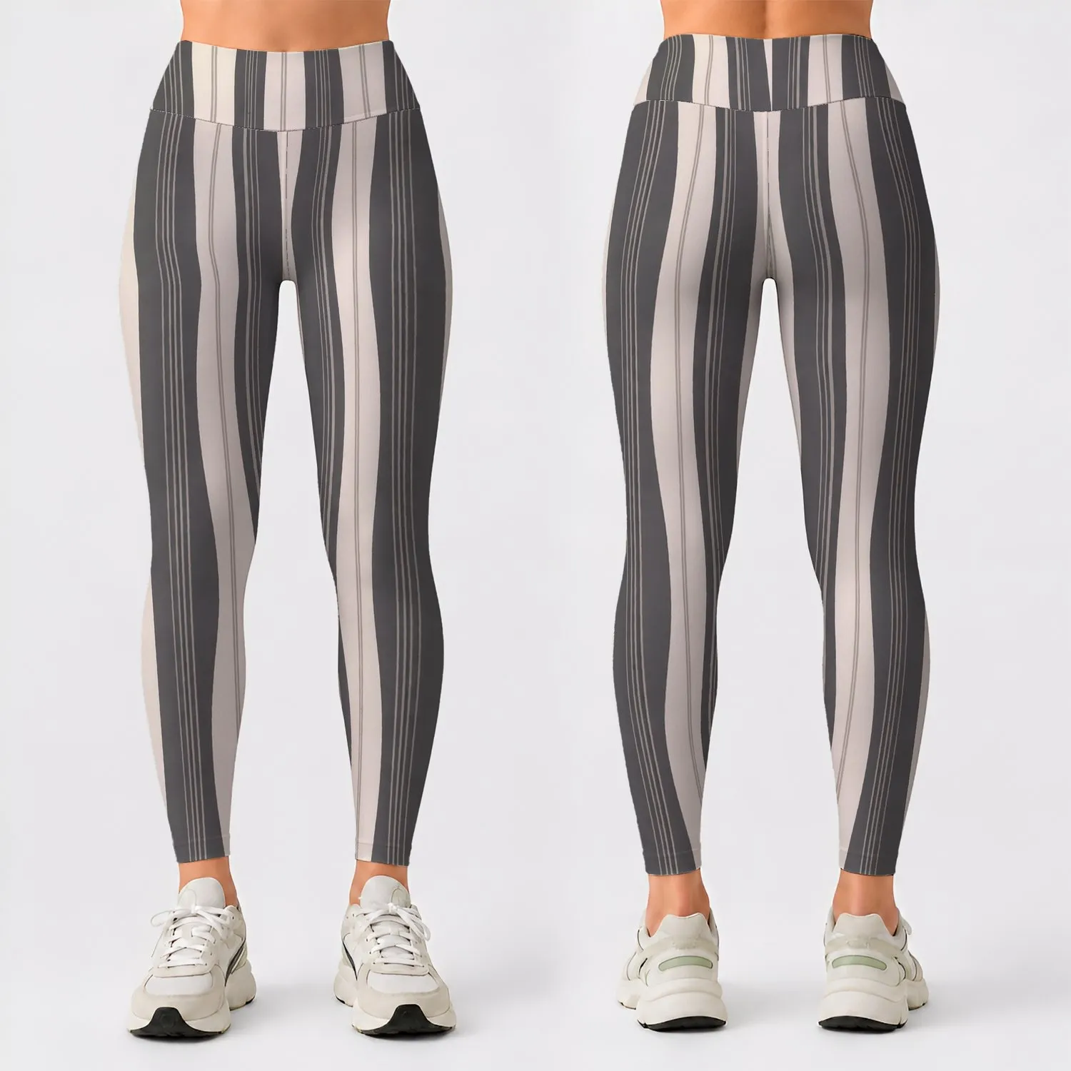 Ivory And Charcoal Vertical Pinstripes For Yoga Sessions And Everyday City Wear Daily Leggings - 1