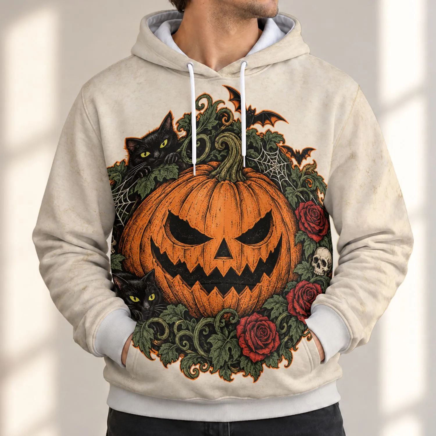 Pumpkin, Black Cats, Bats And Roses For Spooky Halloween Fall Celebrations All-over Print Hoodie (Lightweight) - 1