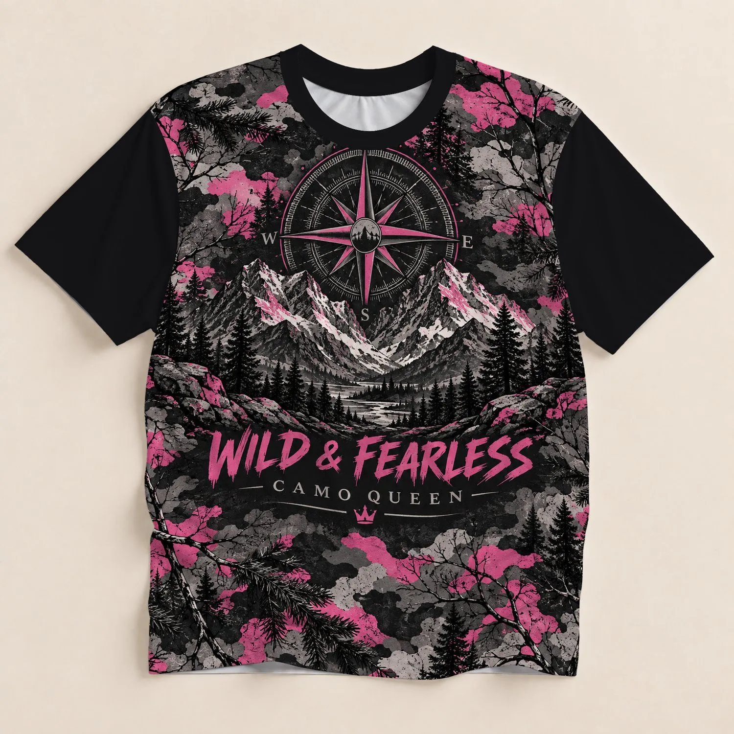Pink Camo Compass And Mountain Scene For Fearless Outdoor Adventures All-over Print Unisex T-shirt - 1