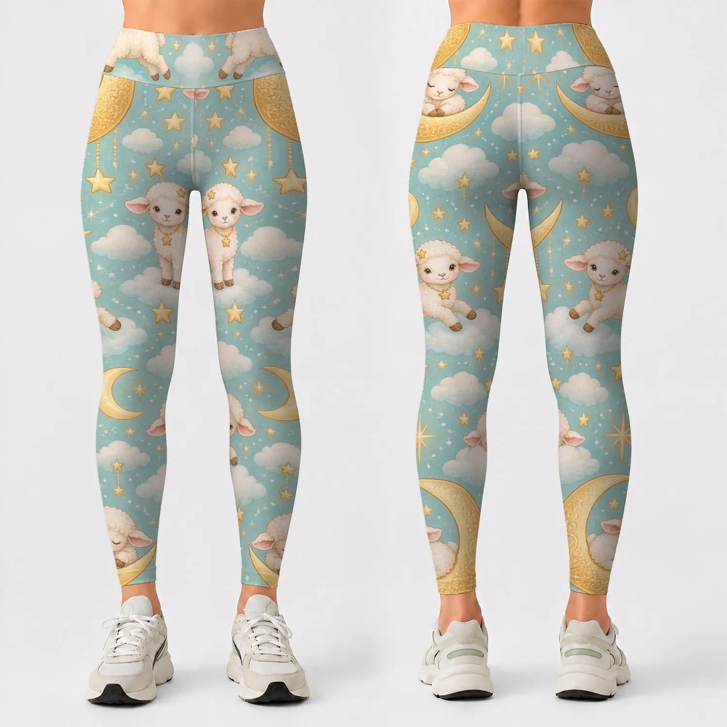 Cute Lamb And Crescent Moon Motifs For Yoga Pilates And Cozy Everyday Wear Leggings - 1